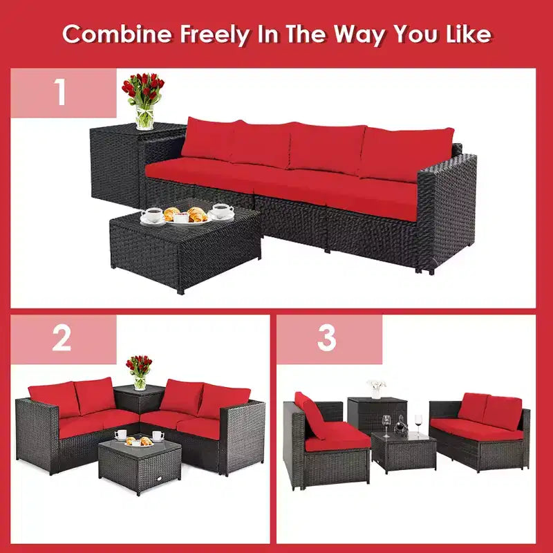 Costway Juego de Muebles de Ratán para Patio Exterior de 8 Piezas, Sofá de Dos Plazas Acolchado, Mesa de Almacenamiento, Rojo/Azul Marino