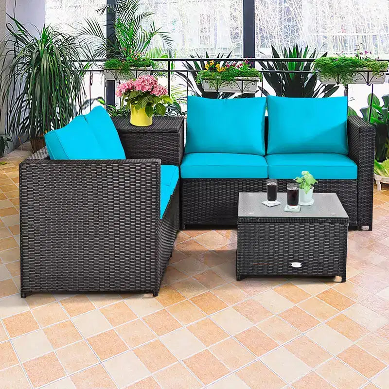 Costway Juego de Muebles de Ratán para Patio Exterior de 8 Piezas, Sofá de Dos Plazas Acolchado, Mesa de Almacenamiento, Rojo/Azul Marino