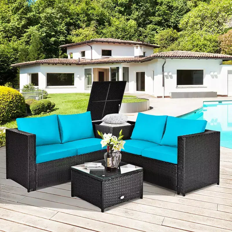 Costway Juego de Muebles de Ratán para Patio Exterior de 8 Piezas, Sofá de Dos Plazas Acolchado, Mesa de Almacenamiento, Rojo/Azul Marino