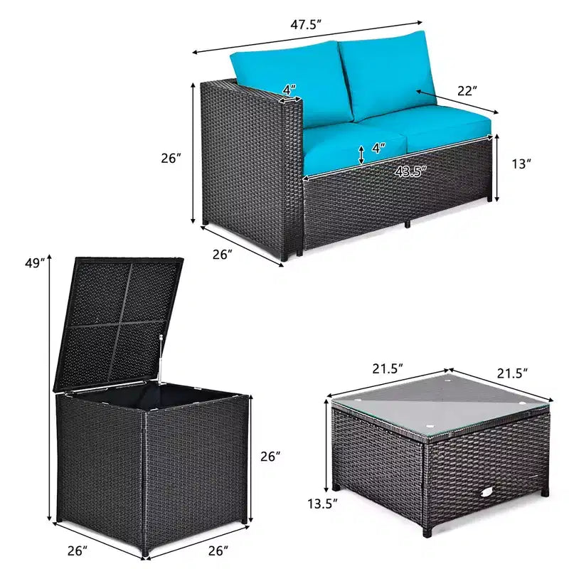Costway Juego de Muebles de Ratán para Patio Exterior de 8 Piezas, Sofá de Dos Plazas Acolchado, Mesa de Almacenamiento, Rojo/Azul Marino