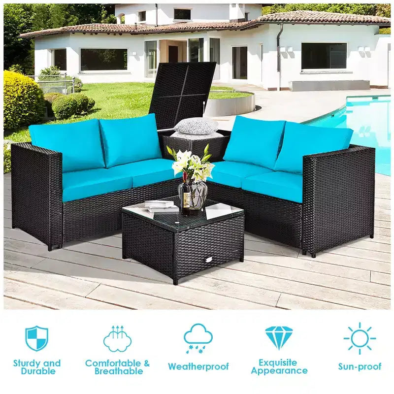 Costway Juego de Muebles de Ratán para Patio Exterior de 8 Piezas, Sofá de Dos Plazas Acolchado, Mesa de Almacenamiento, Rojo/Azul Marino