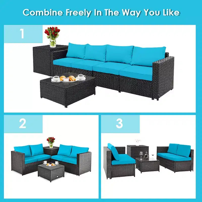 Costway Juego de Muebles de Ratán para Patio Exterior de 8 Piezas, Sofá de Dos Plazas Acolchado, Mesa de Almacenamiento, Rojo/Azul Marino