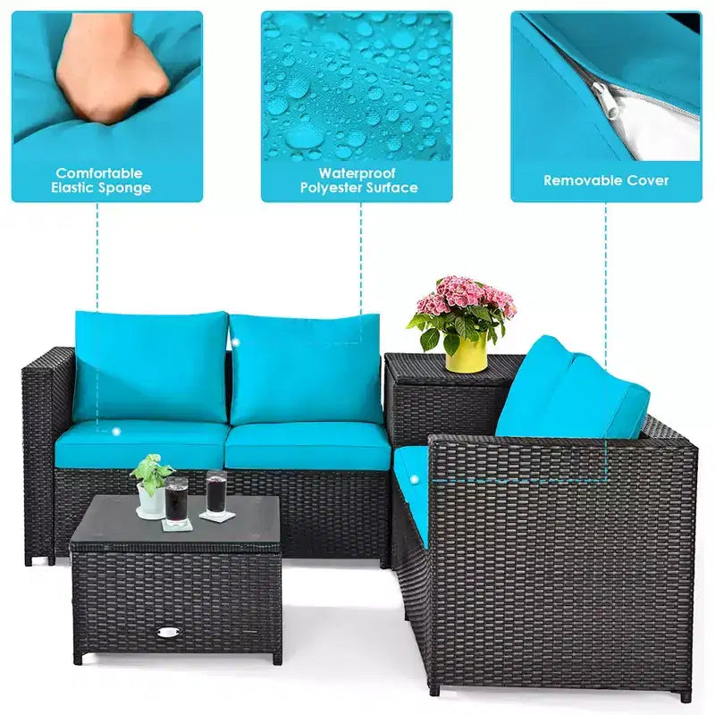 Costway Juego de Muebles de Ratán para Patio Exterior de 8 Piezas, Sofá de Dos Plazas Acolchado, Mesa de Almacenamiento, Rojo/Azul Marino