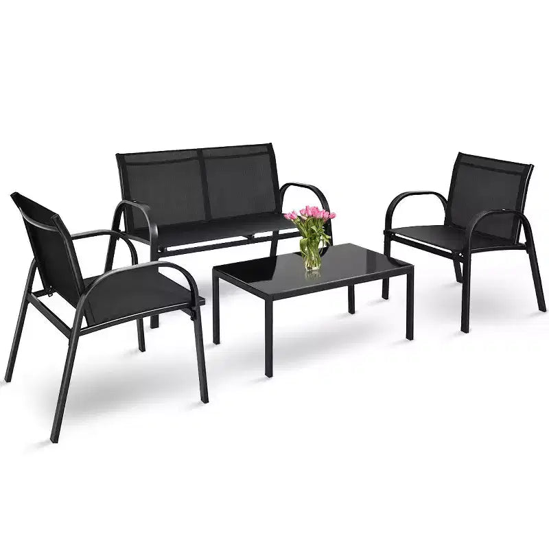 Costway 4 PCS Patio Furniture Set Sofa Coffee Table Steel Frame Garden Deck Black