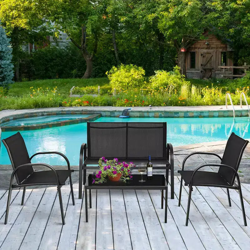 Costway 4 PCS Patio Furniture Set Sofa Coffee Table Steel Frame Garden Deck Black