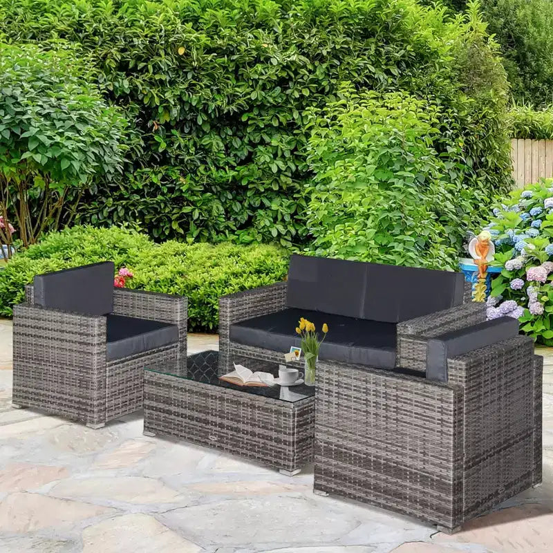 Conjunto de muebles de mimbre de ratán Outsunny de 4 piezas, muebles de conversación acolchados para exteriores con 2 sillas, sofá de dos plazas y mesa de centro de cristal
