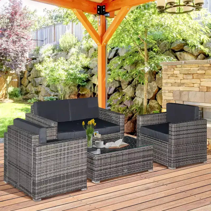 Conjunto de muebles de mimbre de ratán Outsunny de 4 piezas, muebles de conversación acolchados para exteriores con 2 sillas, sofá de dos plazas y mesa de centro de cristal