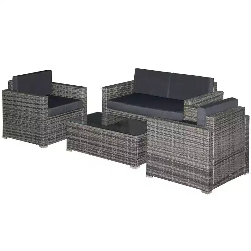 Conjunto de muebles de mimbre de ratán Outsunny de 4 piezas, muebles de conversación acolchados para exteriores con 2 sillas, sofá de dos plazas y mesa de centro de cristal