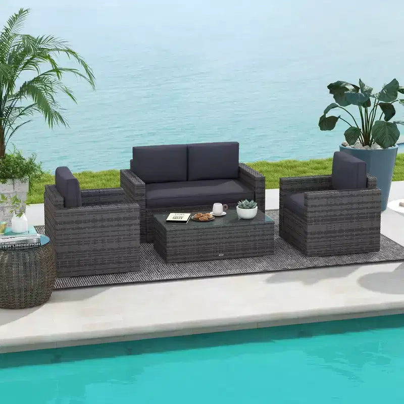 Conjunto de muebles de mimbre de ratán Outsunny de 4 piezas, muebles de conversación acolchados para exteriores con 2 sillas, sofá de dos plazas y mesa de centro de cristal