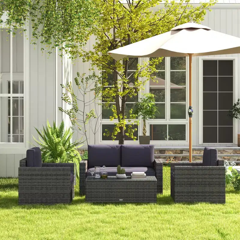 Conjunto de muebles de mimbre de ratán Outsunny de 4 piezas, muebles de conversación acolchados para exteriores con 2 sillas, sofá de dos plazas y mesa de centro de cristal