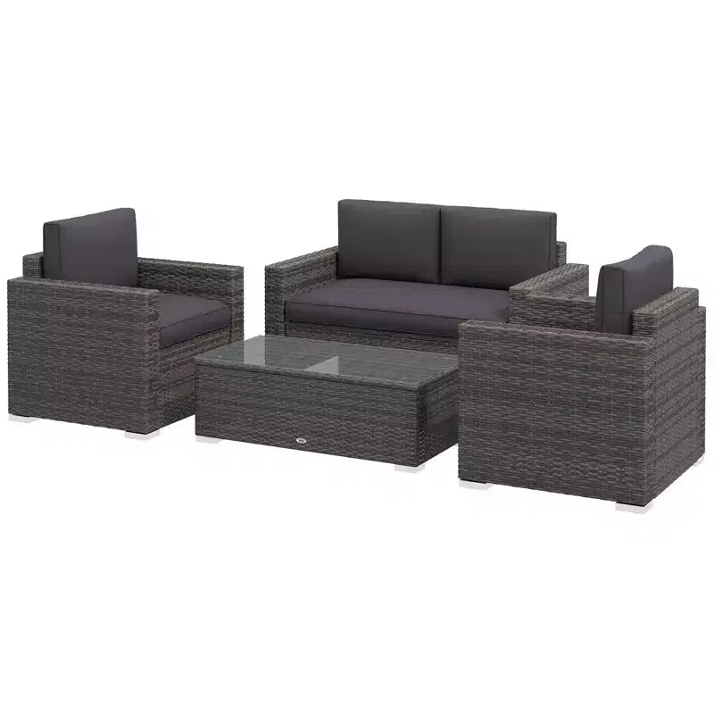 Conjunto de muebles de mimbre de ratán Outsunny de 4 piezas, muebles de conversación acolchados para exteriores con 2 sillas, sofá de dos plazas y mesa de centro de cristal