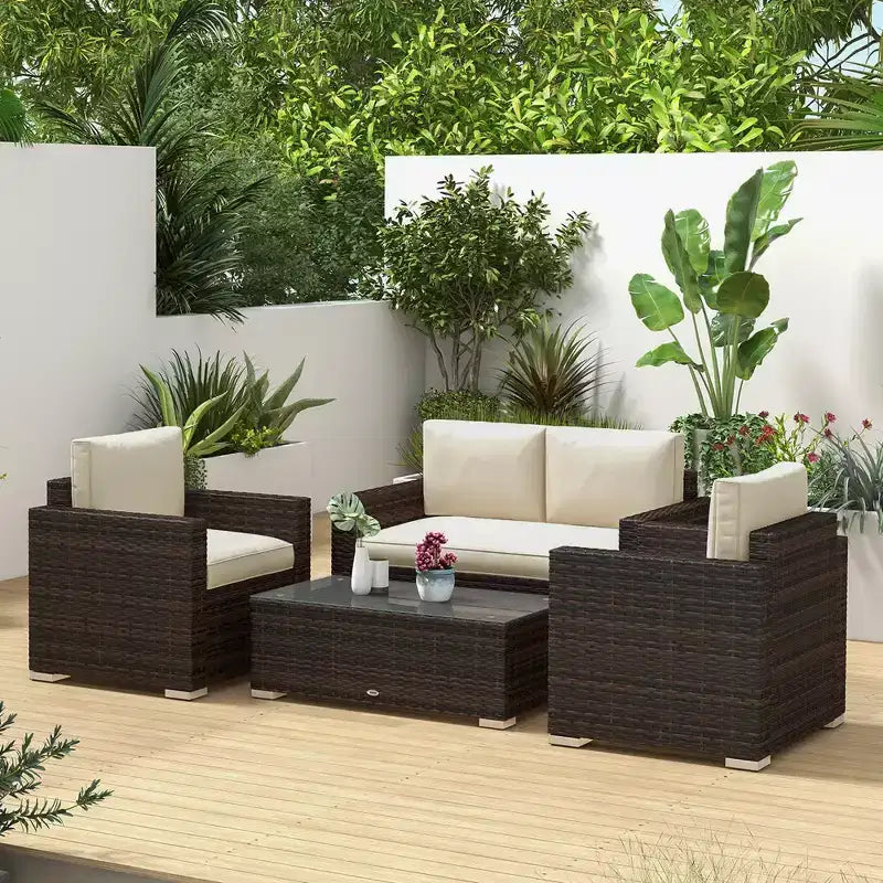 Conjunto de muebles de mimbre de ratán Outsunny de 4 piezas, muebles de conversación acolchados para exteriores con 2 sillas, sofá de dos plazas y mesa de centro de cristal