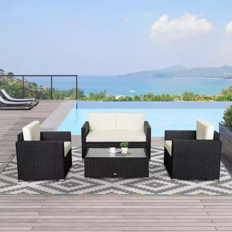 Conjunto de muebles de mimbre de ratán Outsunny de 4 piezas, muebles de conversación acolchados para exteriores con 2 sillas, sofá de dos plazas y mesa de centro de cristal