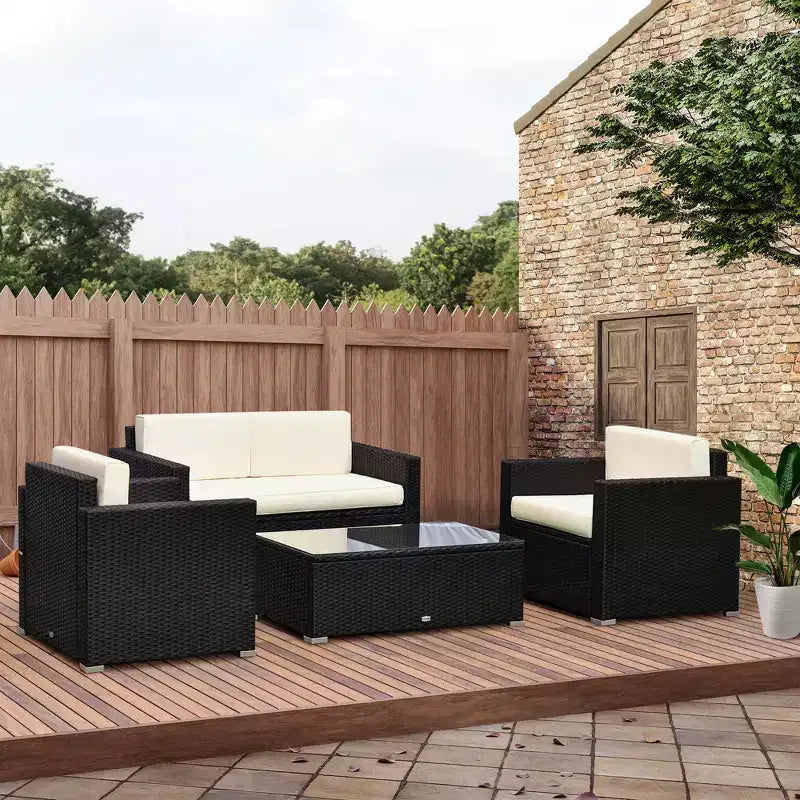 Conjunto de muebles de mimbre de ratán Outsunny de 4 piezas, muebles de conversación acolchados para exteriores con 2 sillas, sofá de dos plazas y mesa de centro de cristal