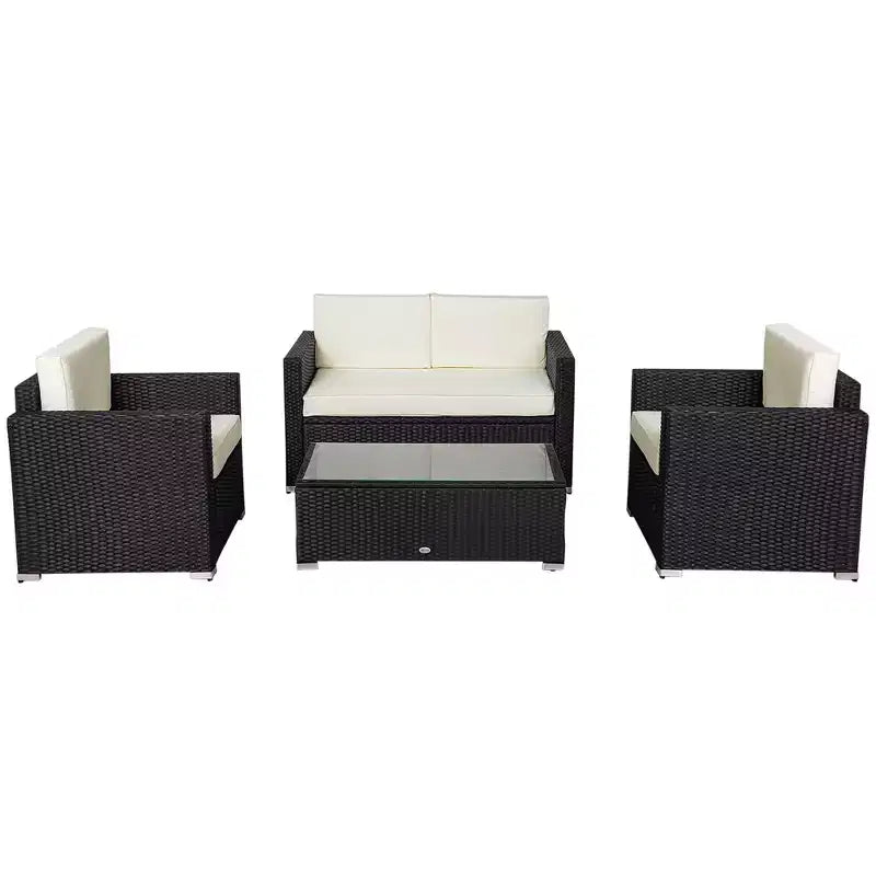 Conjunto de muebles de mimbre de ratán Outsunny de 4 piezas, muebles de conversación acolchados para exteriores con 2 sillas, sofá de dos plazas y mesa de centro de cristal