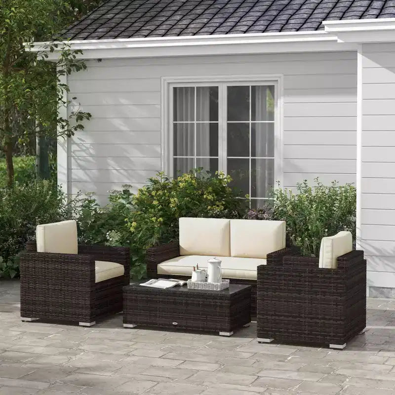 Conjunto de muebles de mimbre de ratán Outsunny de 4 piezas, muebles de conversación acolchados para exteriores con 2 sillas, sofá de dos plazas y mesa de centro de cristal