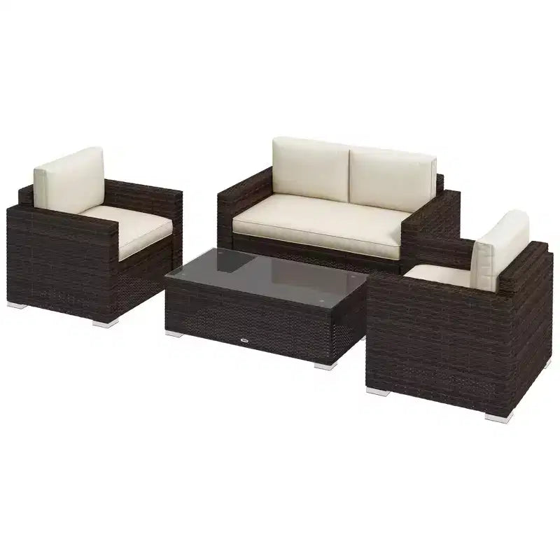 Conjunto de muebles de mimbre de ratán Outsunny de 4 piezas, muebles de conversación acolchados para exteriores con 2 sillas, sofá de dos plazas y mesa de centro de cristal