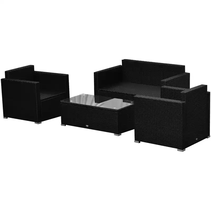 Conjunto de muebles de mimbre de ratán Outsunny de 4 piezas, muebles de conversación acolchados para exteriores con 2 sillas, sofá de dos plazas y mesa de centro de cristal