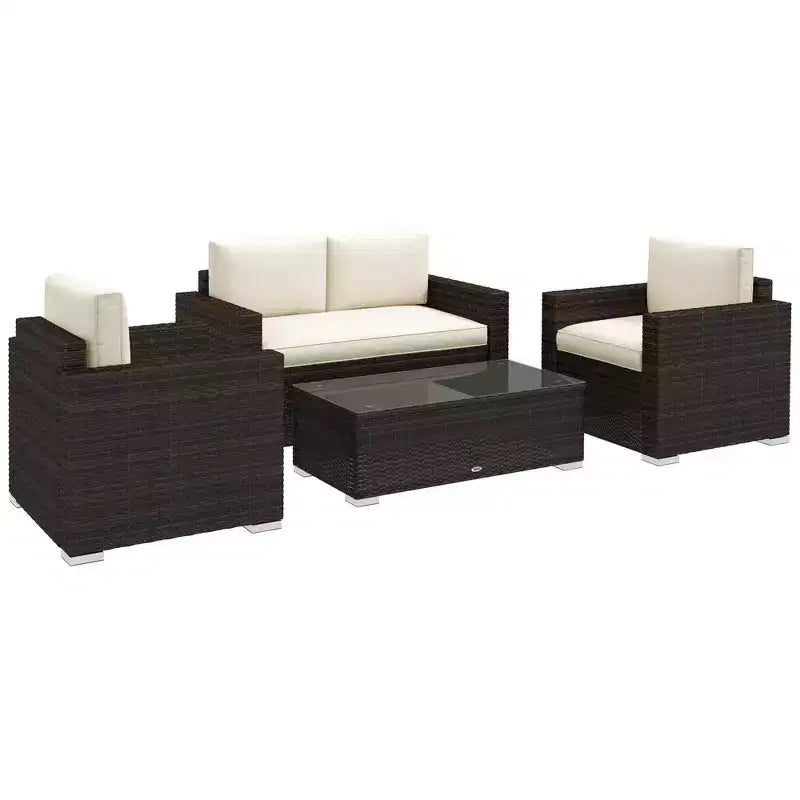 Outsunny 4-Piece Rattan Wicker Furniture Set, Outdoor Cushioned Conversation Furniture with 2 Chairs, Loveseat, and Glass Coffee Table