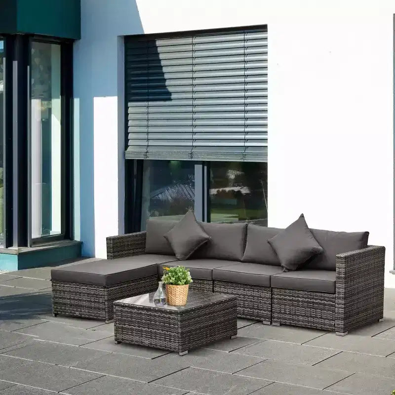 Outsunny Juego de Sofás de Ratán PE para Exterior de 6 Piezas, Set de Muebles Seccionales de Mimbre para Patio con Cojines y Mesa de Centro