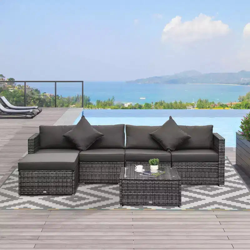 Outsunny Juego de Sofás de Ratán PE para Exterior de 6 Piezas, Set de Muebles Seccionales de Mimbre para Patio con Cojines y Mesa de Centro