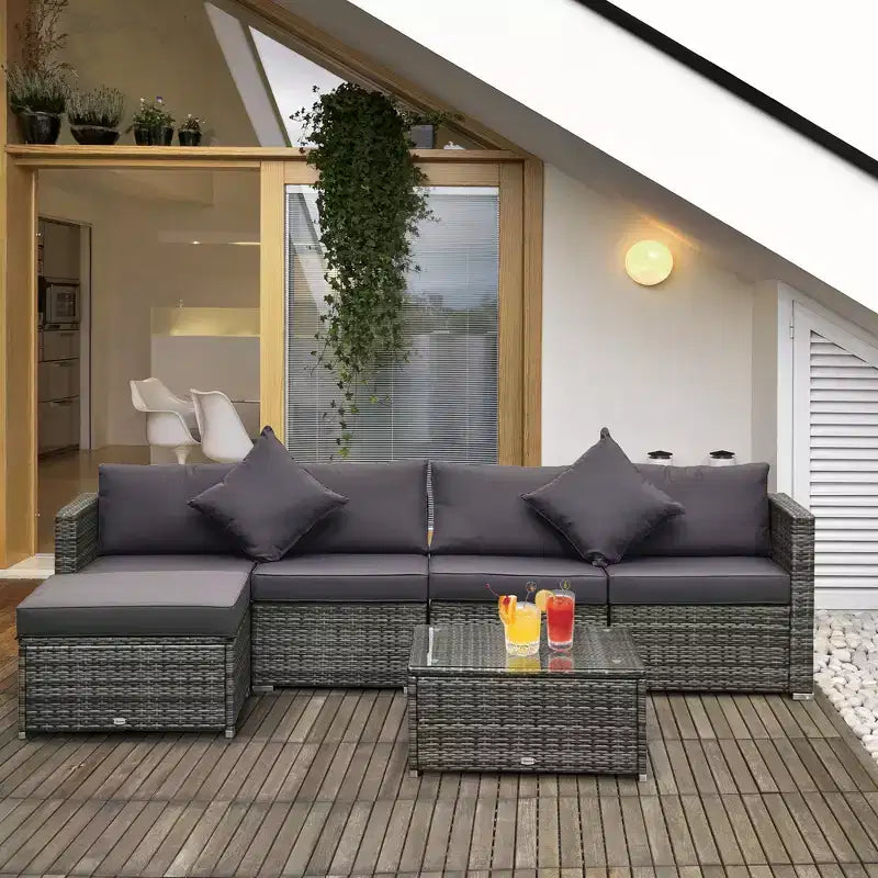 Outsunny Juego de Sofás de Ratán PE para Exterior de 6 Piezas, Set de Muebles Seccionales de Mimbre para Patio con Cojines y Mesa de Centro