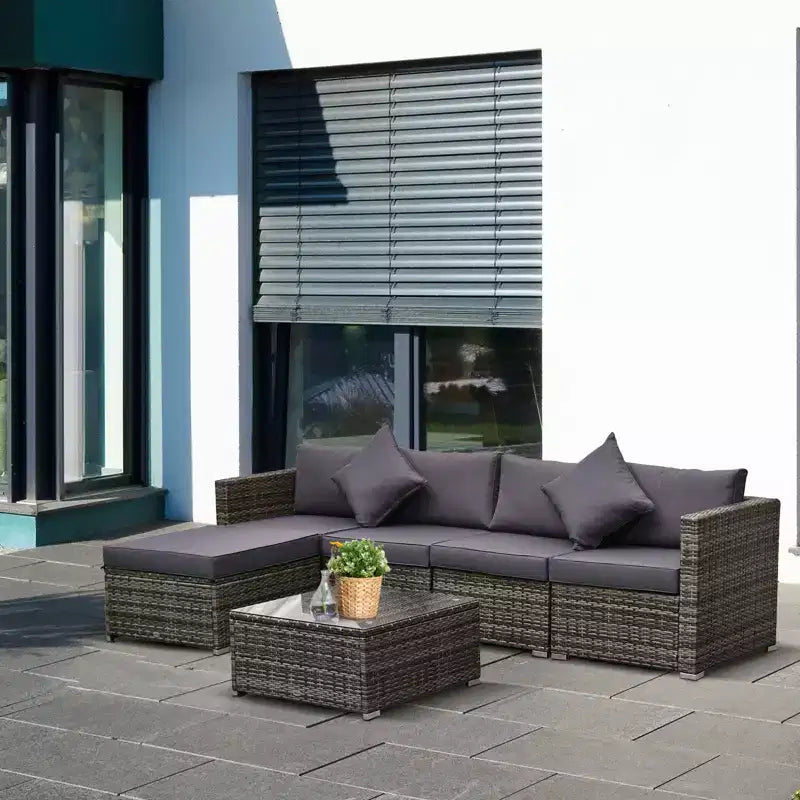 Outsunny Juego de Sofás de Ratán PE para Exterior de 6 Piezas, Set de Muebles Seccionales de Mimbre para Patio con Cojines y Mesa de Centro