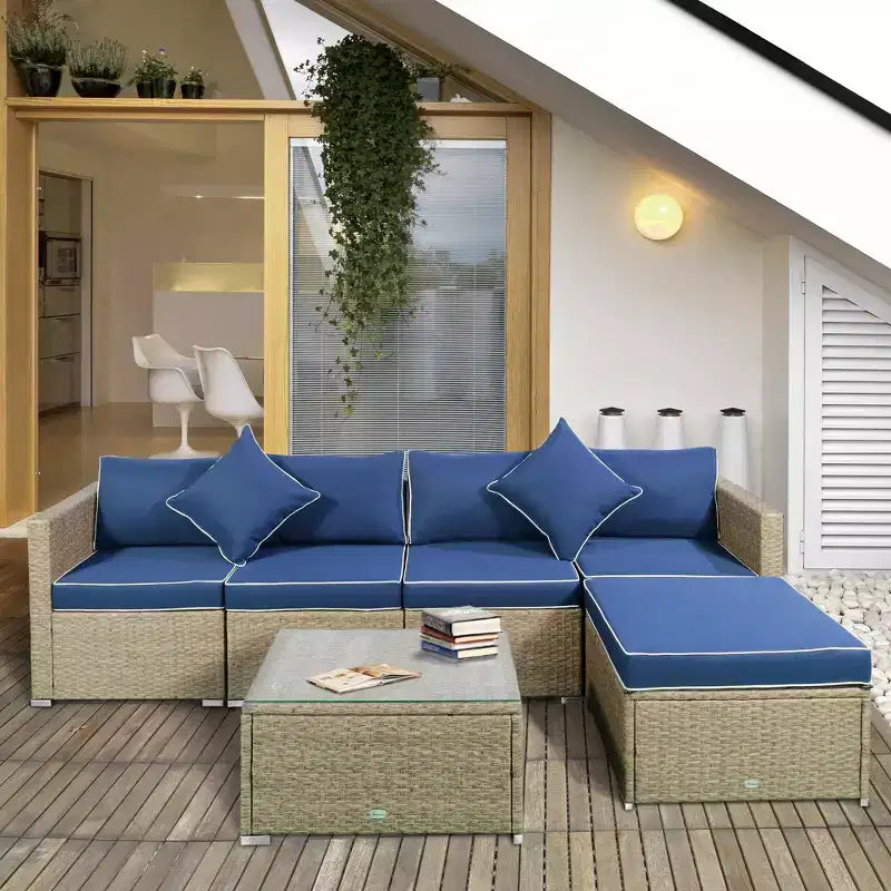 Outsunny Juego de Sofás de Ratán PE para Exterior de 6 Piezas, Set de Muebles Seccionales de Mimbre para Patio con Cojines y Mesa de Centro