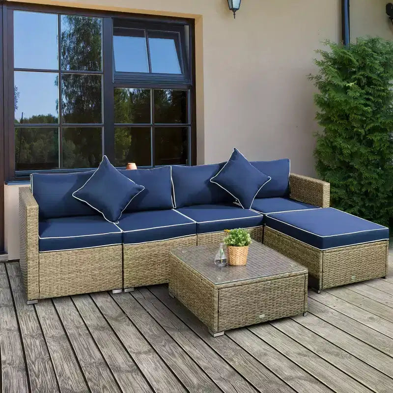 Outsunny Juego de Sofás de Ratán PE para Exterior de 6 Piezas, Set de Muebles Seccionales de Mimbre para Patio con Cojines y Mesa de Centro
