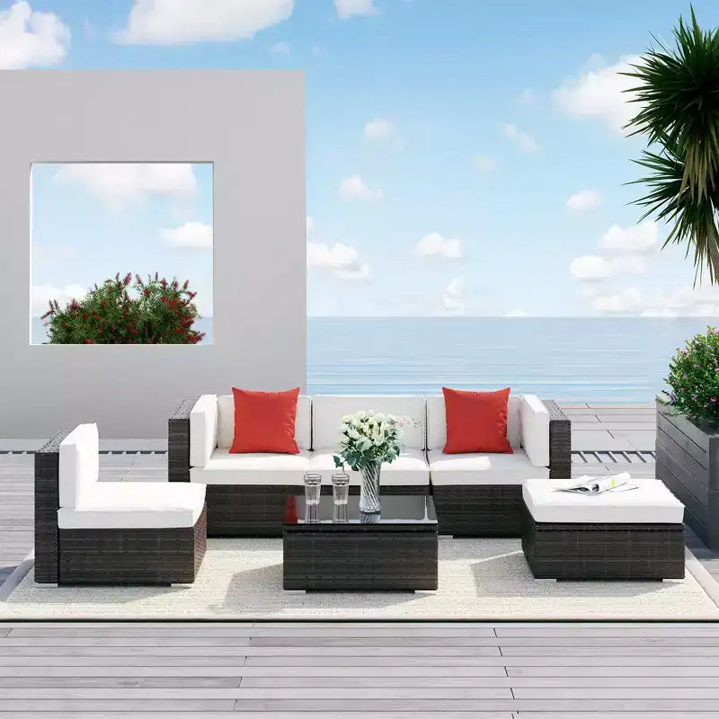 Outsunny Juego de Sofás de Ratán PE para Exterior de 6 Piezas, Set de Muebles Seccionales de Mimbre para Patio con Cojines y Mesa de Centro
