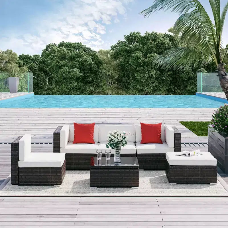 Outsunny Juego de Sofás de Ratán PE para Exterior de 6 Piezas, Set de Muebles Seccionales de Mimbre para Patio con Cojines y Mesa de Centro