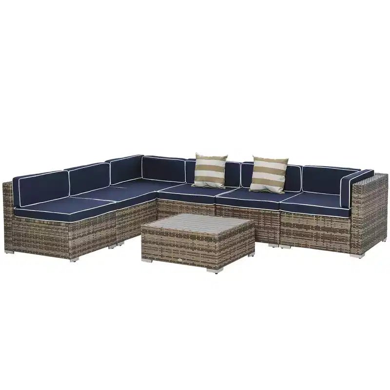 Juego de Muebles de Patio Outsunny de 7 Piezas, Juego de Conversación de Ratán para Exteriores, Sofá Seccional de Ratán PE para Todo Clima con Mesa de Madera Sintética, Cojines de Rayas