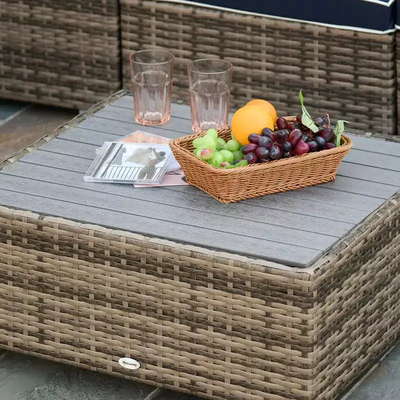 Juego de Muebles de Patio Outsunny de 7 Piezas, Juego de Conversación de Ratán para Exteriores, Sofá Seccional de Ratán PE para Todo Clima con Mesa de Madera Sintética, Cojines de Rayas