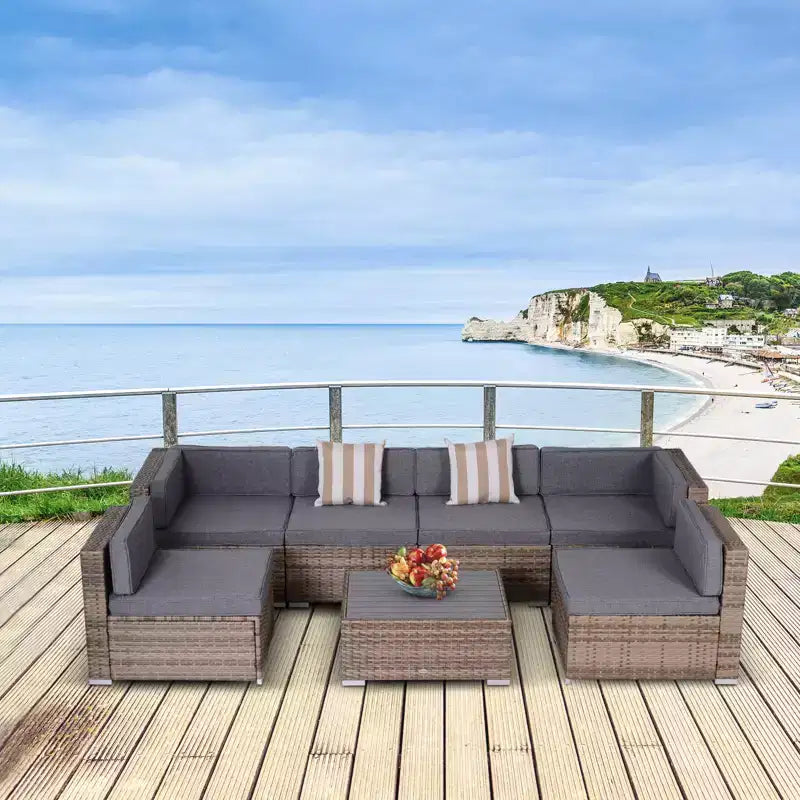 Juego de Muebles de Patio Outsunny de 7 Piezas, Juego de Conversación de Ratán para Exteriores, Sofá Seccional de Ratán PE para Todo Clima con Mesa de Madera Sintética, Cojines de Rayas