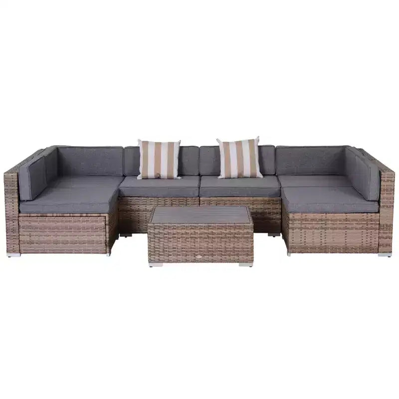 Juego de Muebles de Patio Outsunny de 7 Piezas, Juego de Conversación de Ratán para Exteriores, Sofá Seccional de Ratán PE para Todo Clima con Mesa de Madera Sintética, Cojines de Rayas