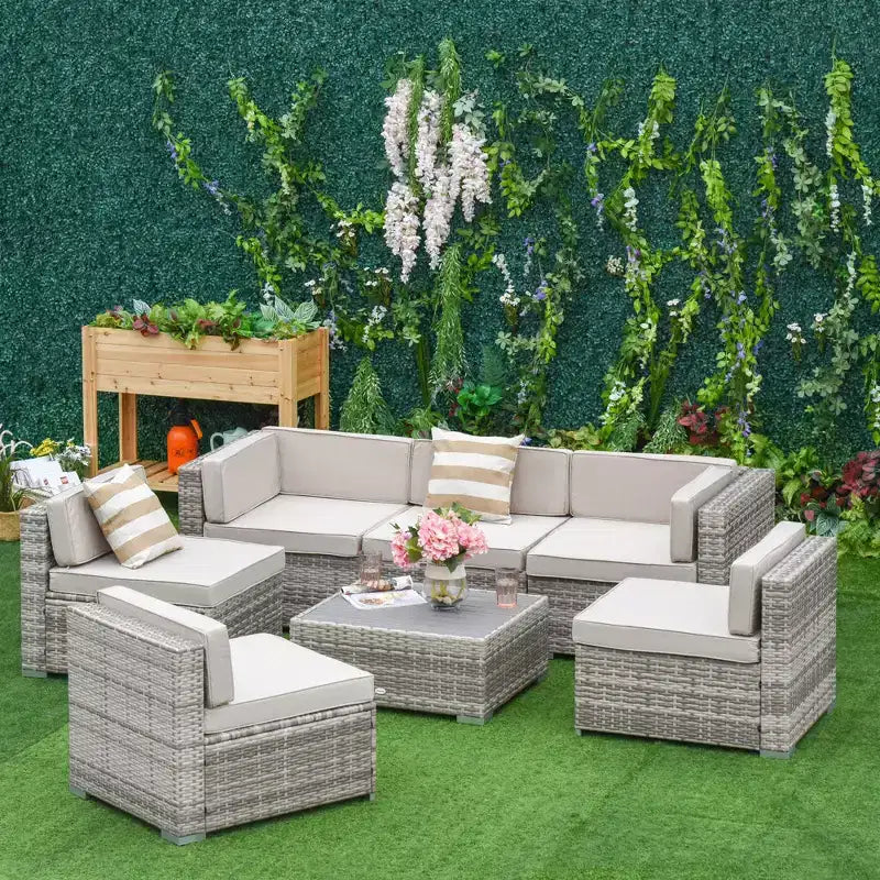 Juego de Muebles de Patio Outsunny de 7 Piezas, Juego de Conversación de Ratán para Exteriores, Sofá Seccional de Ratán PE para Todo Clima con Mesa de Madera Sintética, Cojines de Rayas