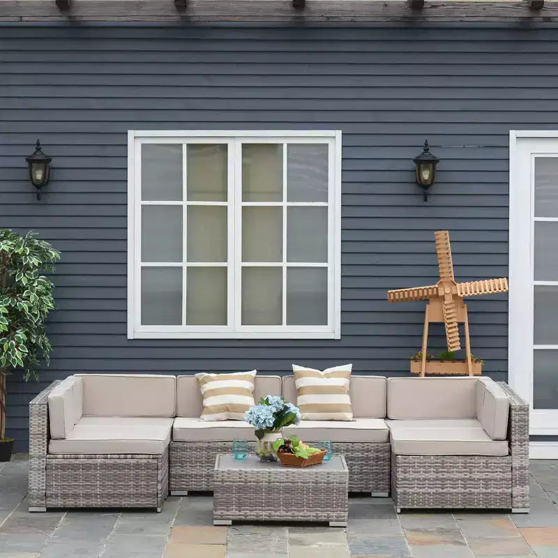 Juego de Muebles de Patio Outsunny de 7 Piezas, Juego de Conversación de Ratán para Exteriores, Sofá Seccional de Ratán PE para Todo Clima con Mesa de Madera Sintética, Cojines de Rayas