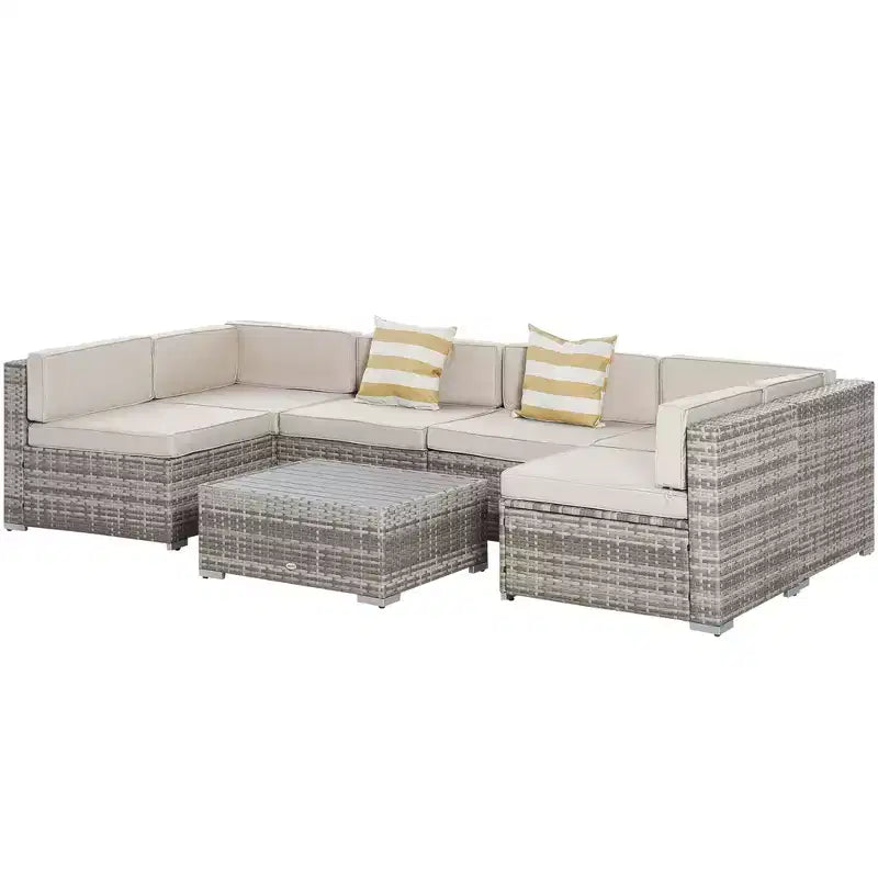 Juego de Muebles de Patio Outsunny de 7 Piezas, Juego de Conversación de Ratán para Exteriores, Sofá Seccional de Ratán PE para Todo Clima con Mesa de Madera Sintética, Cojines de Rayas