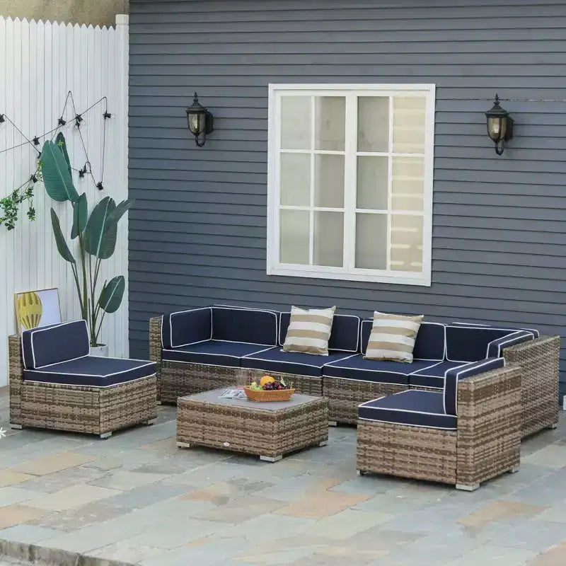Juego de Muebles de Patio Outsunny de 7 Piezas, Juego de Conversación de Ratán para Exteriores, Sofá Seccional de Ratán PE para Todo Clima con Mesa de Madera Sintética, Cojines de Rayas