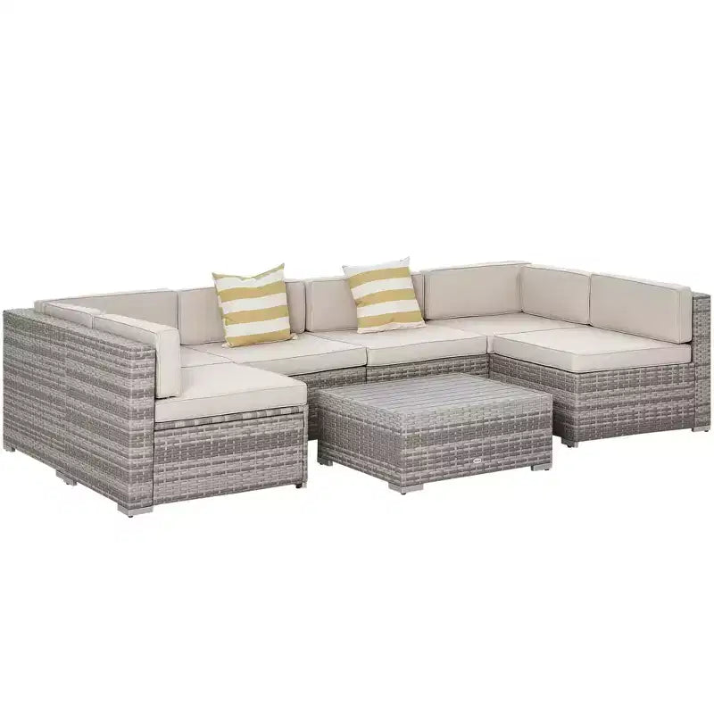 Outsunny 7-Piece Patio Furniture Set, Outdoor Wicker Conversation Set, All Weather PE Rattan Sectional Sofa w/ Faux Wood Table, Stripe Pillows