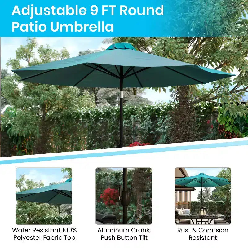 Juego de comedor de patio de cinco piezas de teca sintética Merrick Lane - Mesa, dos sillones apilables sin reposabrazos, sombrilla gris de 2,7 m y base