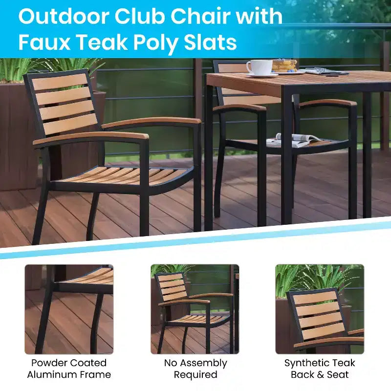 Merrick Lane Five Piece Faux Teak Patio Dining Set Includes Table, Two Club Chairs, 9' Patio Umbrella and Base