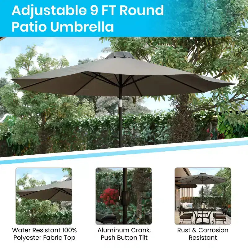 Merrick Lane Five Piece Faux Teak Patio Dining Set Includes Table, Two Club Chairs, 9' Patio Umbrella and Base