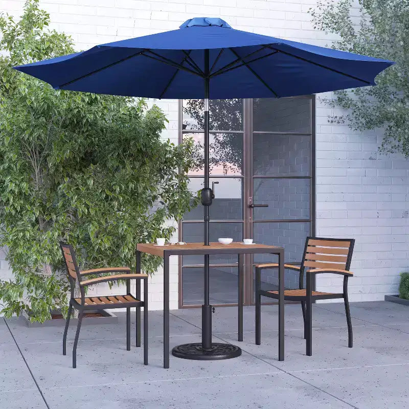 Merrick Lane Five Piece Faux Teak Patio Dining Set Includes Table, Two Club Chairs, 9' Patio Umbrella and Base