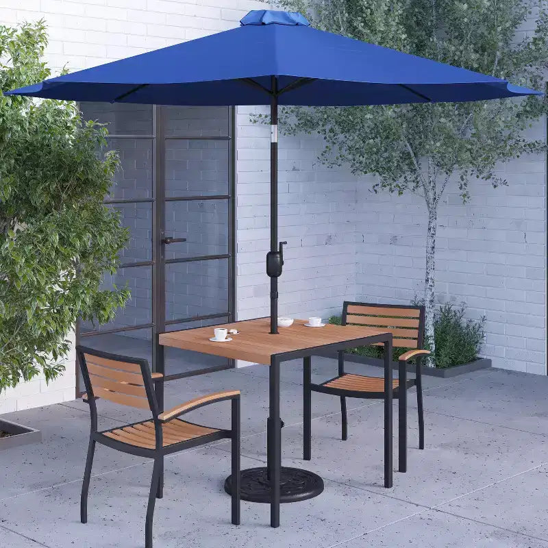 Merrick Lane Five Piece Faux Teak Patio Dining Set Includes Table, Two Club Chairs, 9' Patio Umbrella and Base