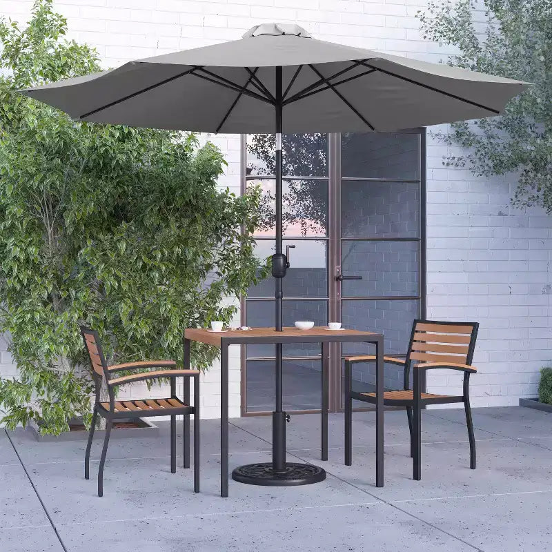 Merrick Lane Five Piece Faux Teak Patio Dining Set Includes Table, Two Club Chairs, 9' Patio Umbrella and Base