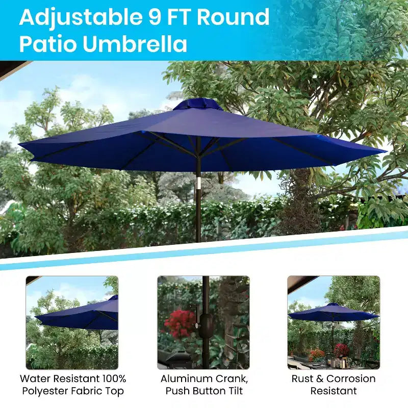 Merrick Lane Five Piece Faux Teak Patio Dining Set Includes Table, Two Club Chairs, 9' Patio Umbrella and Base