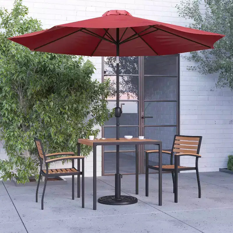 Merrick Lane Five Piece Faux Teak Patio Dining Set Includes Table, Two Club Chairs, 9' Patio Umbrella and Base