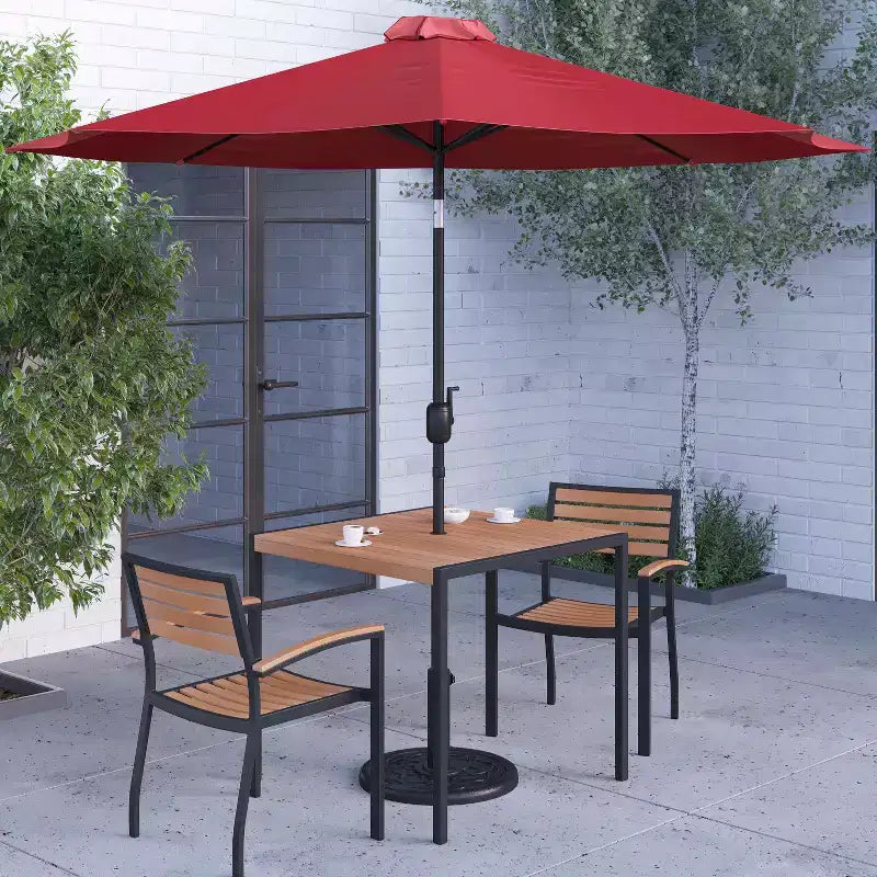 Merrick Lane Five Piece Faux Teak Patio Dining Set Includes Table, Two Club Chairs, 9' Patio Umbrella and Base