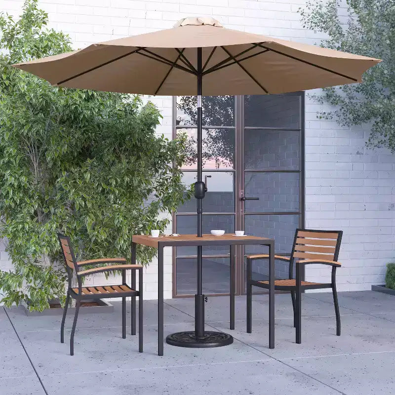 Merrick Lane Five Piece Faux Teak Patio Dining Set Includes Table, Two Club Chairs, 9' Patio Umbrella and Base